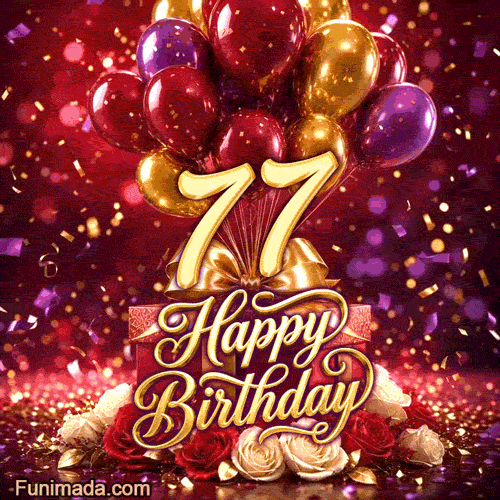 Golden number 77 stands out among red gold purple balloons presents flowers and confetti with Happy Birthday text in this cheerful animation