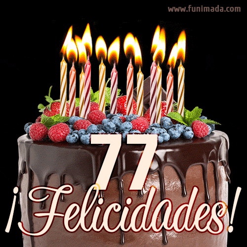 Feliz 77 cumpleaños pastel de chocolate. Imagen (GIF) con pastel y saludo.
