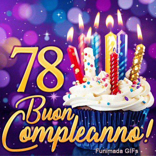 Biglietto animato 78 anni illustrante un cupcake con candele colorate illuminate e il numero 78 d'oro su sfondo viola.