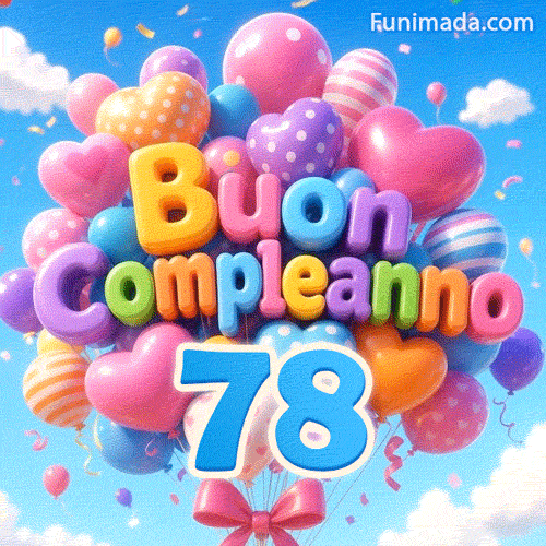 Il grande numero azzurro 78 attaccato a un grande gruppo di palloncini alla deriva. Le lettere a palloncino morbide compongono Buon Compleanno davanti a un cielo nuvoloso.
