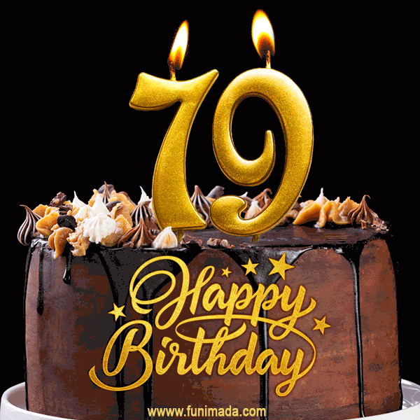 79 Birthday Chocolate Cake with Gold Glitter Number 79 Candles (GIF)
