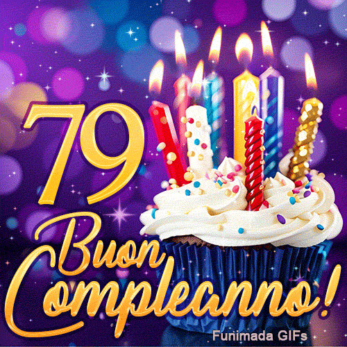 Animazione di Buon Compleanno 79 anni con il numero 79 in oro, una torta di festa e scintillii magici.