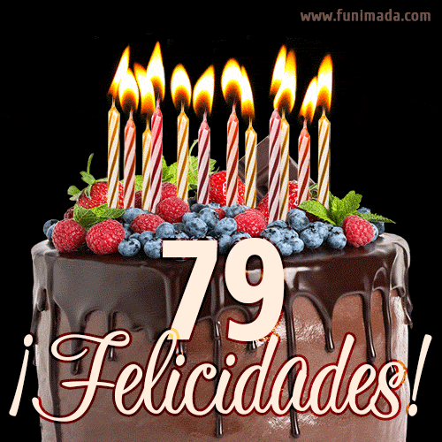 Feliz 79 cumpleaños pastel de chocolate. Imagen (GIF) con pastel y saludo.