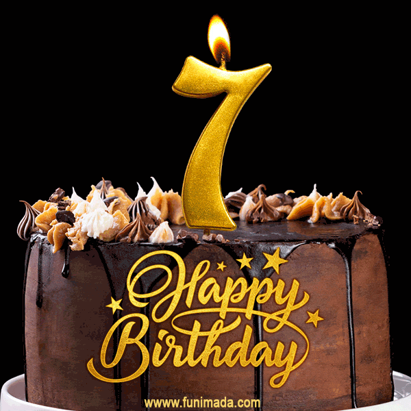 7th Birthday Chocolate Cake with Gold Glitter Number 7 Candle (GIF)