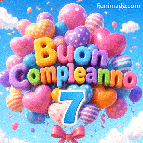 Un mazzo di palloncini festosi ondeggia al vento. L'iscrizione in rilievo Buon Compleanno sormonta il numero 7 azzurro sospeso da fili.