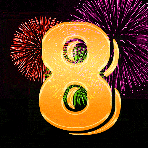Number 8 GIF. Golden number 8 and animated fireworks.