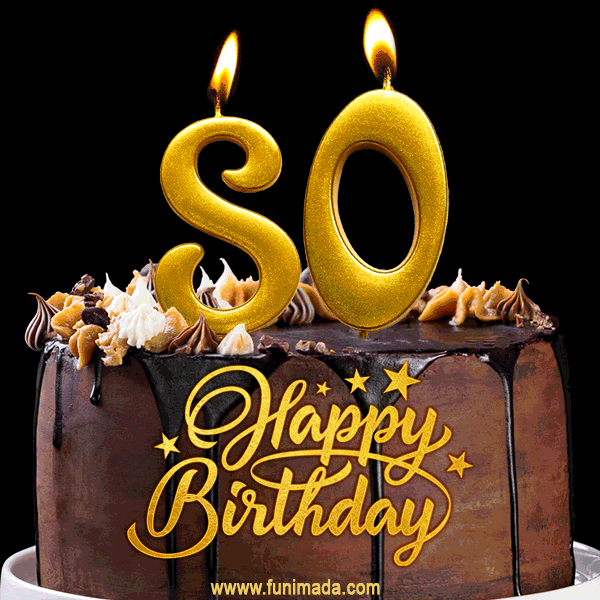 80 Birthday Chocolate Cake with Gold Glitter Number 80 Candles (GIF)