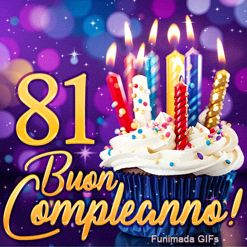 Immagine animata per gli 81 anni mostrante il numero 81 d'oro, un bel dolcetto con candele su sfondo violetto.