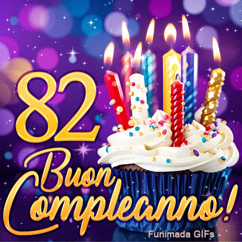 GIF di compleanno 82 anni con il numero 82 in oro brillante, una tortina magica e un'atmosfera di luci bokeh.