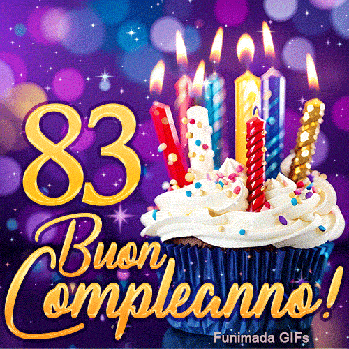 Biglietto virtuale animato 83 anni illustrante il numero 83 dorato, un cupcake di compleanno e candeline colorate.