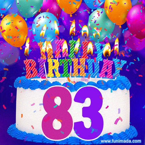 83rd Birthday Cake gif: colorful candles, balloons, confetti and number 83