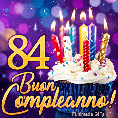 Animazione festosa 84 anni con una torta di candele accese e il numero 84 en oro su sfondo viola brillante.