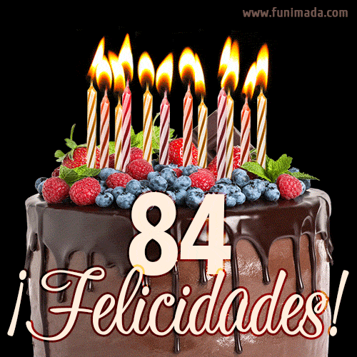 Feliz 84 cumpleaños pastel de chocolate. Imagen (GIF) con pastel y saludo.