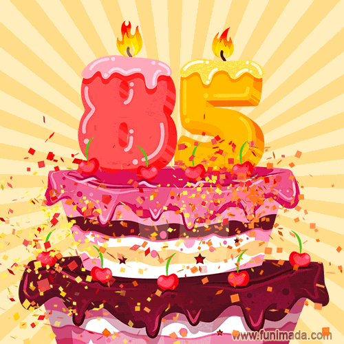 Hand Drawn 85th Birthday Cake Greeting Card (Animated Loop GIF)
