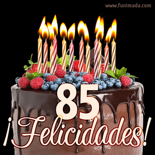 Feliz 85 cumpleaños pastel de chocolate. Imagen (GIF) con pastel y saludo.