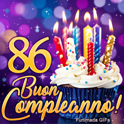 Immagine animata di Buon Compleanno 86 anni con il numero 86 in oro, un dolcetto e candele risplendenti.