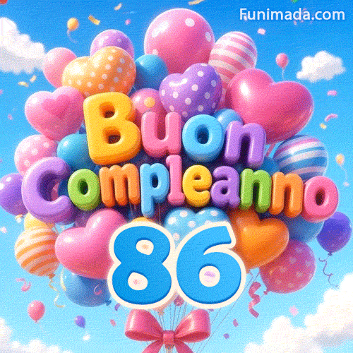 Fluttuando dolcemente contro nuvole bianche, questo mazzo di palloncini colorati presenta il testo Buon Compleanno e il numero azzurro 86 in basso.