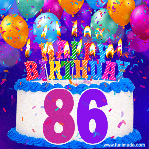 86th Birthday Cake gif: colorful candles, balloons, confetti and number 86