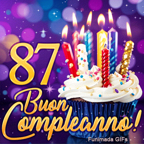 Biglietto animato 87 anni mostrante una tortina di festa con candeline colorate illuminate e il numero 87 d'oro.