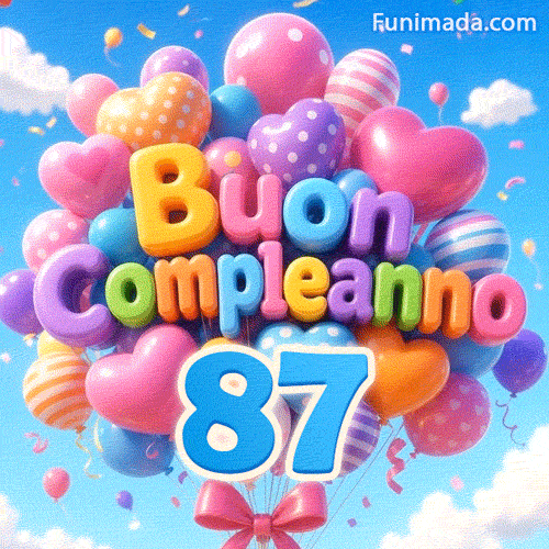 Grappolo animato di palloncini vibranti che dondolano leggermente. Le lettere a palloncino 3D formano Buon Compleanno sopra il numero azzurro 87 sospeso.
