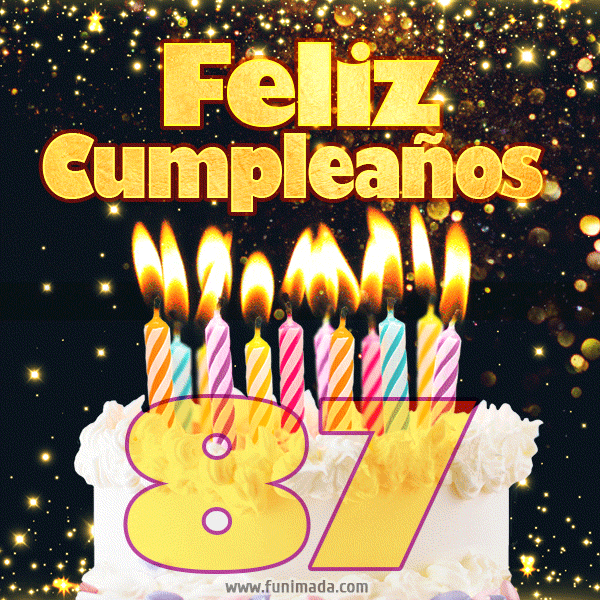Tarjeta GIF de cumpleaños feliz de 87 años con torta y velas