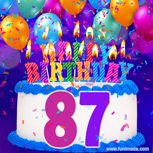 87th Birthday Cake gif: colorful candles, balloons, confetti and number 87