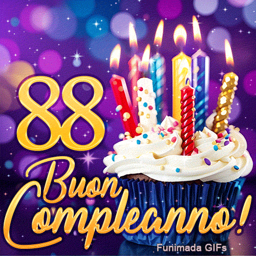 GIF di compleanno 88 anni con il doppio 8 dorato brillante, un cupcake dolce e sfondo viola magico.