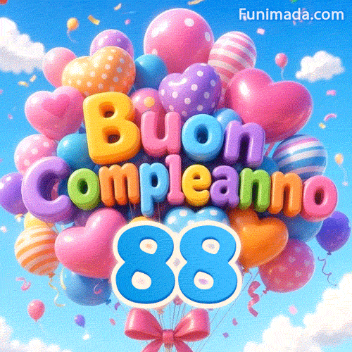 Il grande numero azzurro 88 attaccato a un gruppo massiccio di palloncini alla deriva. Le lettere a palloncino morbide compongono Buon Compleanno sotto un cielo nuvoloso.