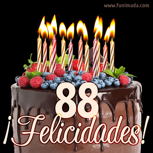 Feliz 88 cumpleaños pastel de chocolate. Imagen (GIF) con pastel y saludo.