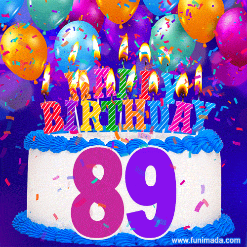 89th Birthday Cake gif: colorful candles, balloons, confetti and number 89