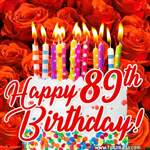 Red roses, birthday cake and lit candles. Beautiful 89th Birthday animation.