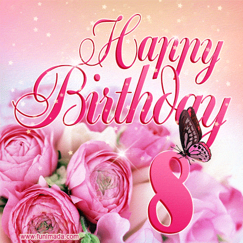 Beautiful Roses & Butterflies - 8 Years Happy Birthday Card for Her