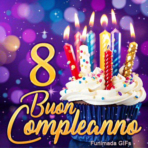 GIF di compleanno 8 anni rappresentante un dolce tortino con candele accese e il numero 8 in oro brillante.