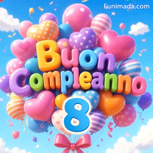Palloncini colorati si muovono al vento in un cielo luminoso. Le lettere 3D formano Buon Compleanno proprio sopra il grande numero azzurro 8.