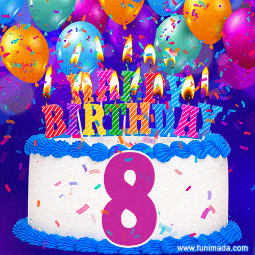 8th Birthday Cake gif: colorful candles, balloons, confetti and number 8