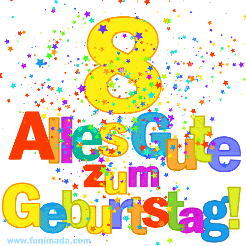 Festliches und farbenfrohes GIF-Bild zum 8. Geburtstag.