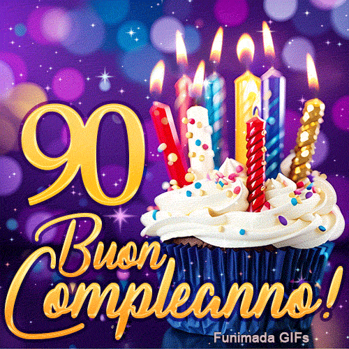 GIF gran traguardo 90 anni: il numero 90 di eccezione in oro brillante con un cupcake di candeline risplendenti.