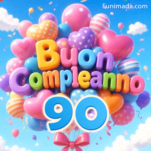 Sotto un bel cielo azzurro, un mazzo festoso di palloncini che ondeggiano presenta il testo 3D Buon Compleanno e il grande numero azzurro 90 sospeso.