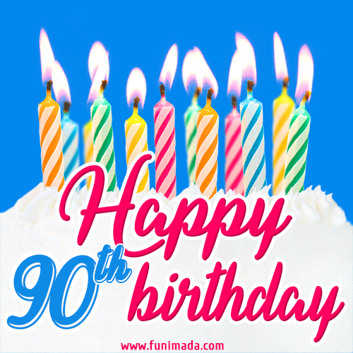Animated Happy 90th Birthday Card with Cake and Lit Candles
