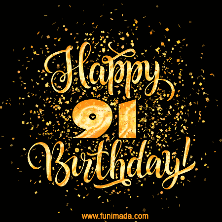 Gold Confetti Animation (loop, gif) - Happy 91st Birthday Lettering Card