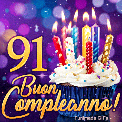 Immagine animata per 91 anni rappresentante il numero 91 d'oro, un bel dolcetto e candele accese su sfondo violetto.