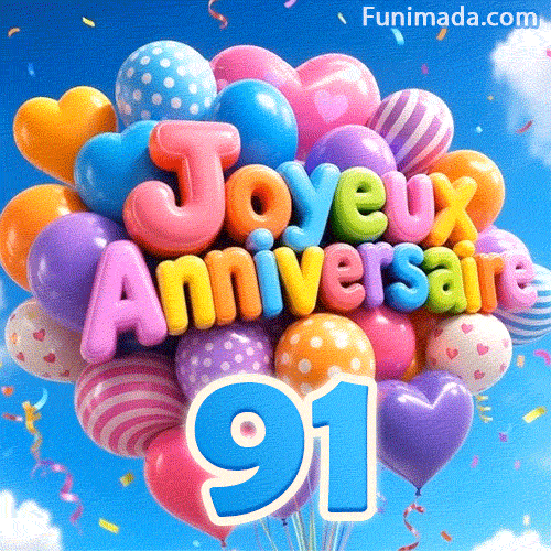 Le chiffre bleu 91 pend sous un bouquet de ballons vifs en mouvement. Les lettres ballons 3D épellent Joyeux Anniversaire en plein milieu.