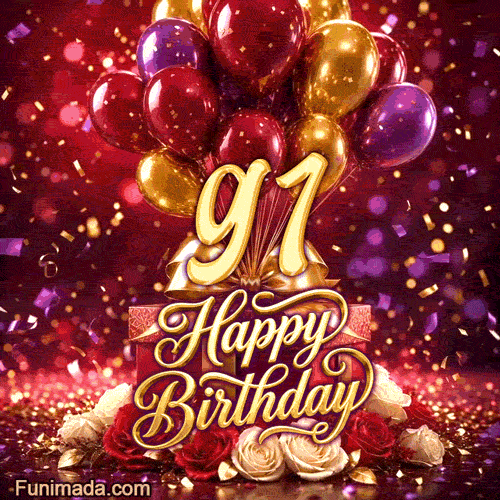 Colorful balloons presents and roses frame the golden number 91 with Happy Birthday and falling confetti in this lively animated design