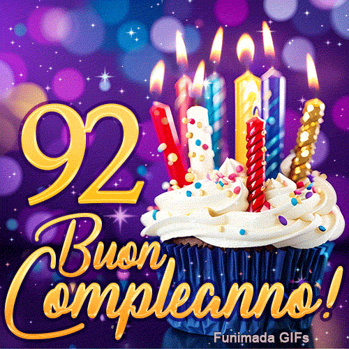 GIF di compleanno 92 anni con il numero 92 in oro brillante, una torta magica e luci colorate.