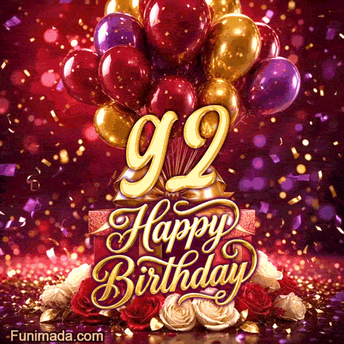 Bright balloons gift boxes and blooming flowers highlight the golden 92 while Happy Birthday script and sparkling confetti fill the scene