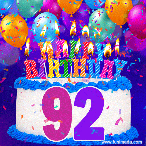 92nd Birthday Cake gif: colorful candles, balloons, confetti and number 92