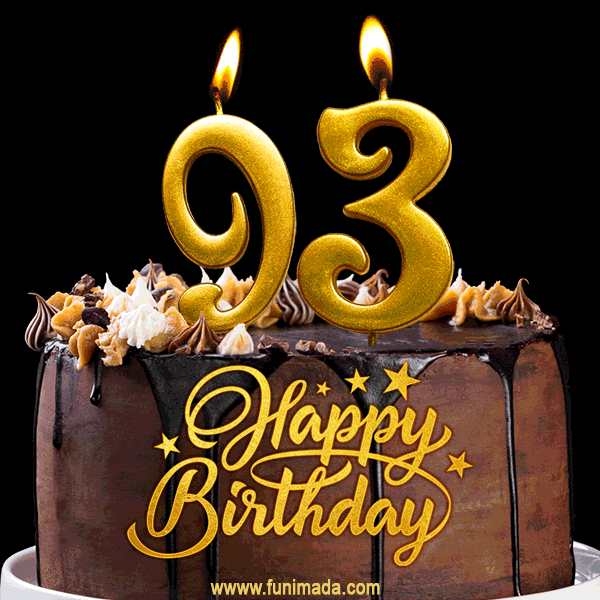 93 Birthday Chocolate Cake with Gold Glitter Number 93 Candles (GIF)