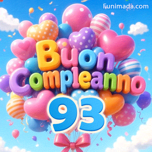 Dondolando dolcemente al vento, un grande mazzo di palloncini mostra le parole Buon Compleanno e il grande numero azzurro 93 attaccato alla base.