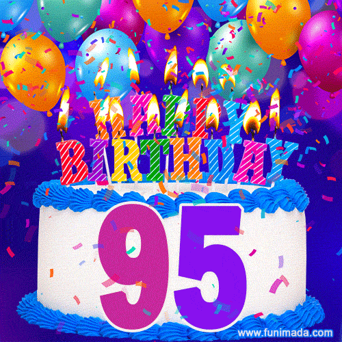 95th Birthday Cake gif: colorful candles, balloons, confetti and number 95