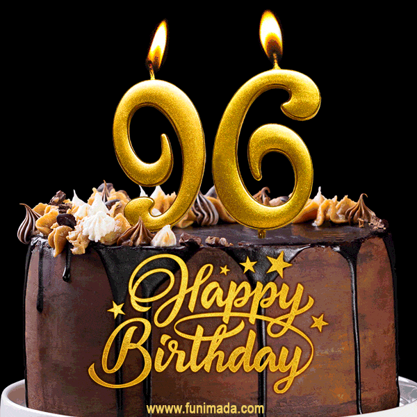96 Birthday Chocolate Cake with Gold Glitter Number 96 Candles (GIF)